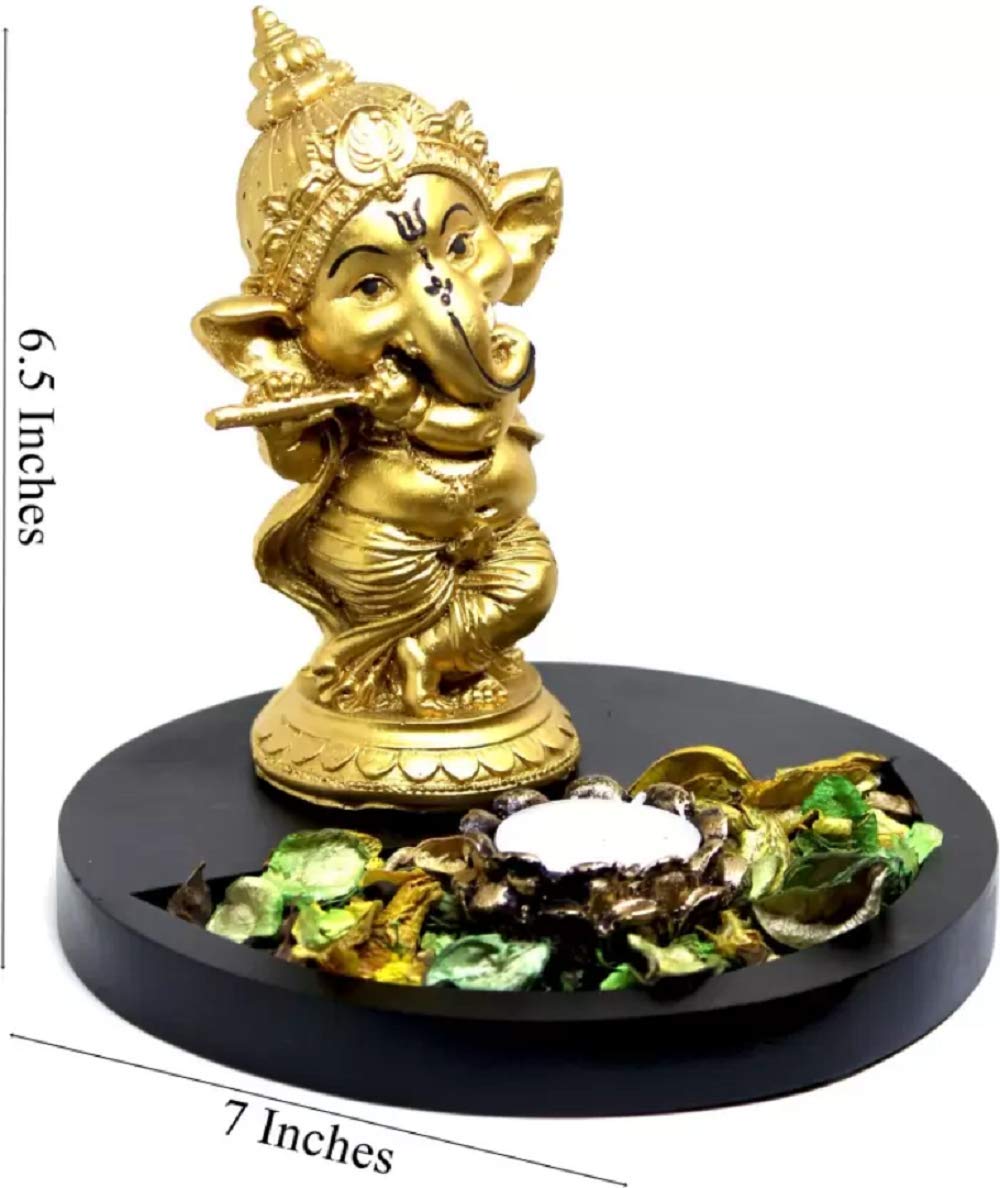 Lord Ganesha Statue with Tealight Holder Wooden Base Decorative Showpiece.