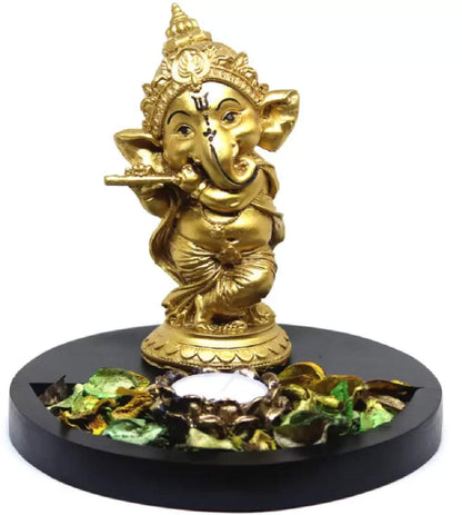 Lord Ganesha Statue with Tealight Holder Wooden Base Decorative Showpiece.