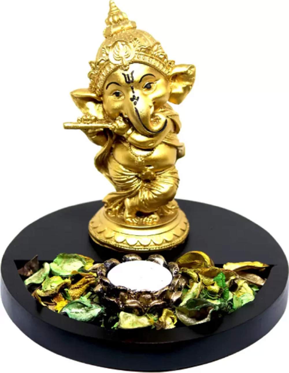 Lord Ganesha Statue with Tealight Holder Wooden Base Decorative Showpiece.