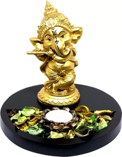 Lord Ganesha Statue with Tealight Holder Wooden Base Decorative Showpiece.