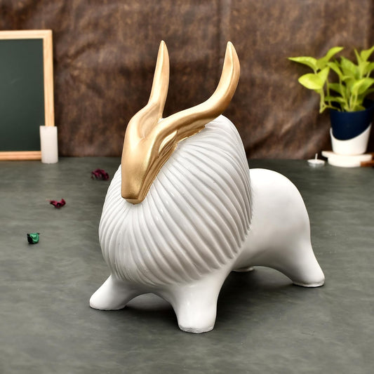 White Yak Sculpture for Home Decor with Golden Horned Decorative Showpiece.