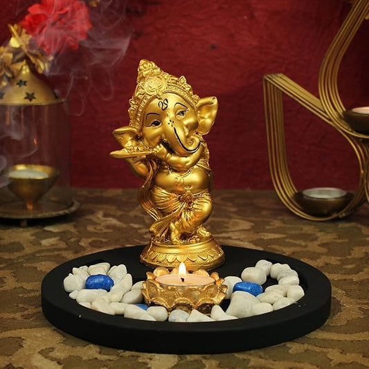 Lord Ganesha Statue with Tealight Holder Wooden Base Decorative Showpiece.