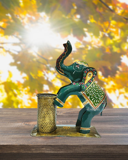Metal Painted Handicrafted Elephant Pen Stand
