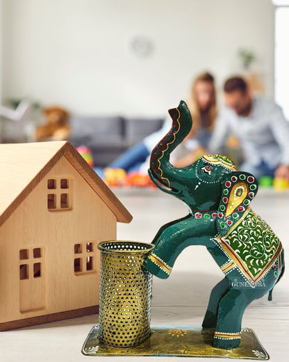 Metal Painted Handicrafted Elephant Pen Stand