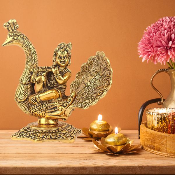 Laddu Gopal Playing Basuri On Peacock Decorative Showpiece